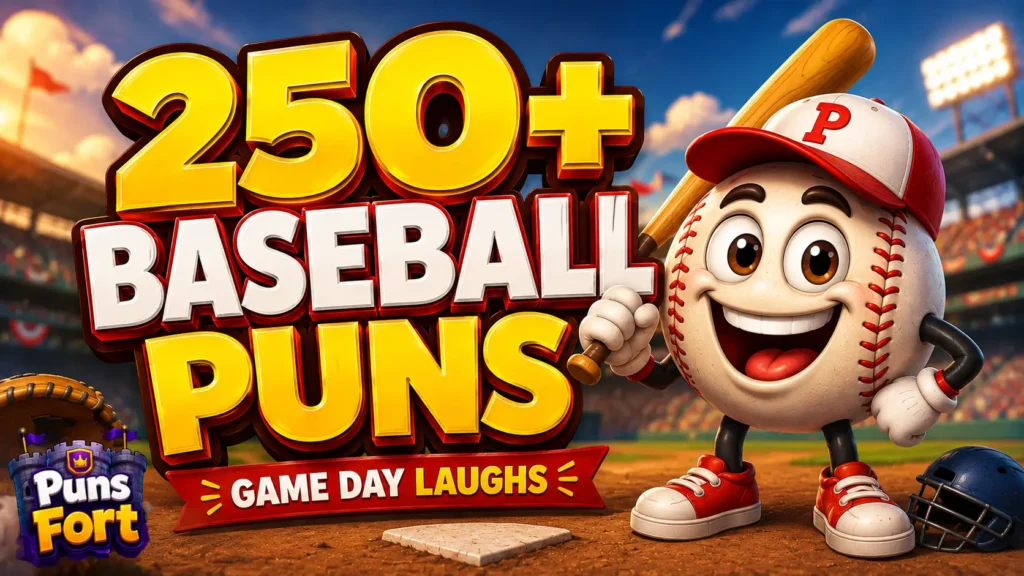 baseball puns thumbnail with a cheerful baseball character in a stadium