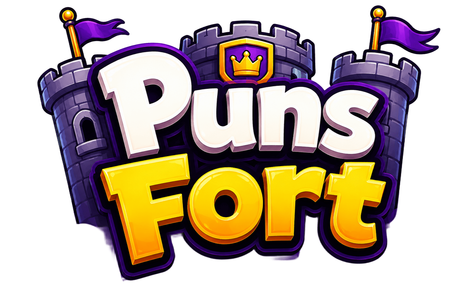 The primary corporate logo for Puns Fort, featuring the full brand name in yellow and white, set within a detailed purple and grey castle stronghold with purple flags.