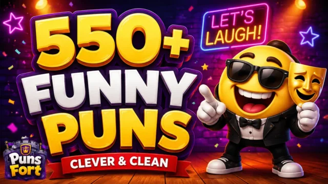 550+ funny puns for adults with a cheerful comedy mascot