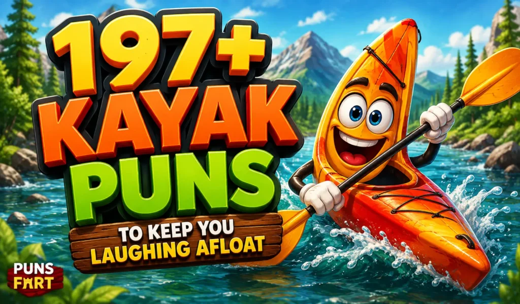 Colorful kayak mascot on a river with bold 3D text for kayak puns