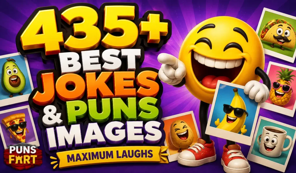 435+ puns images featuring colorful cartoon characters and bold 3D typography