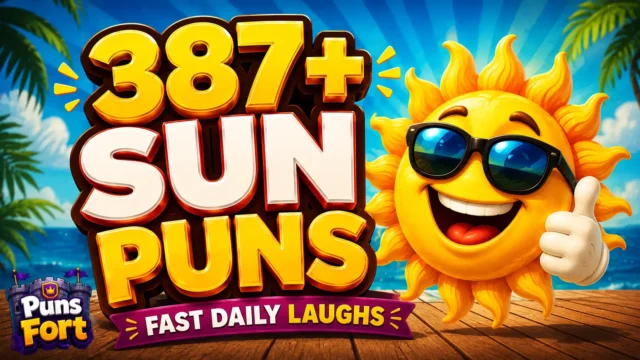 Sun puns thumbnail with a cheerful cartoon sun and bold 387+ typography