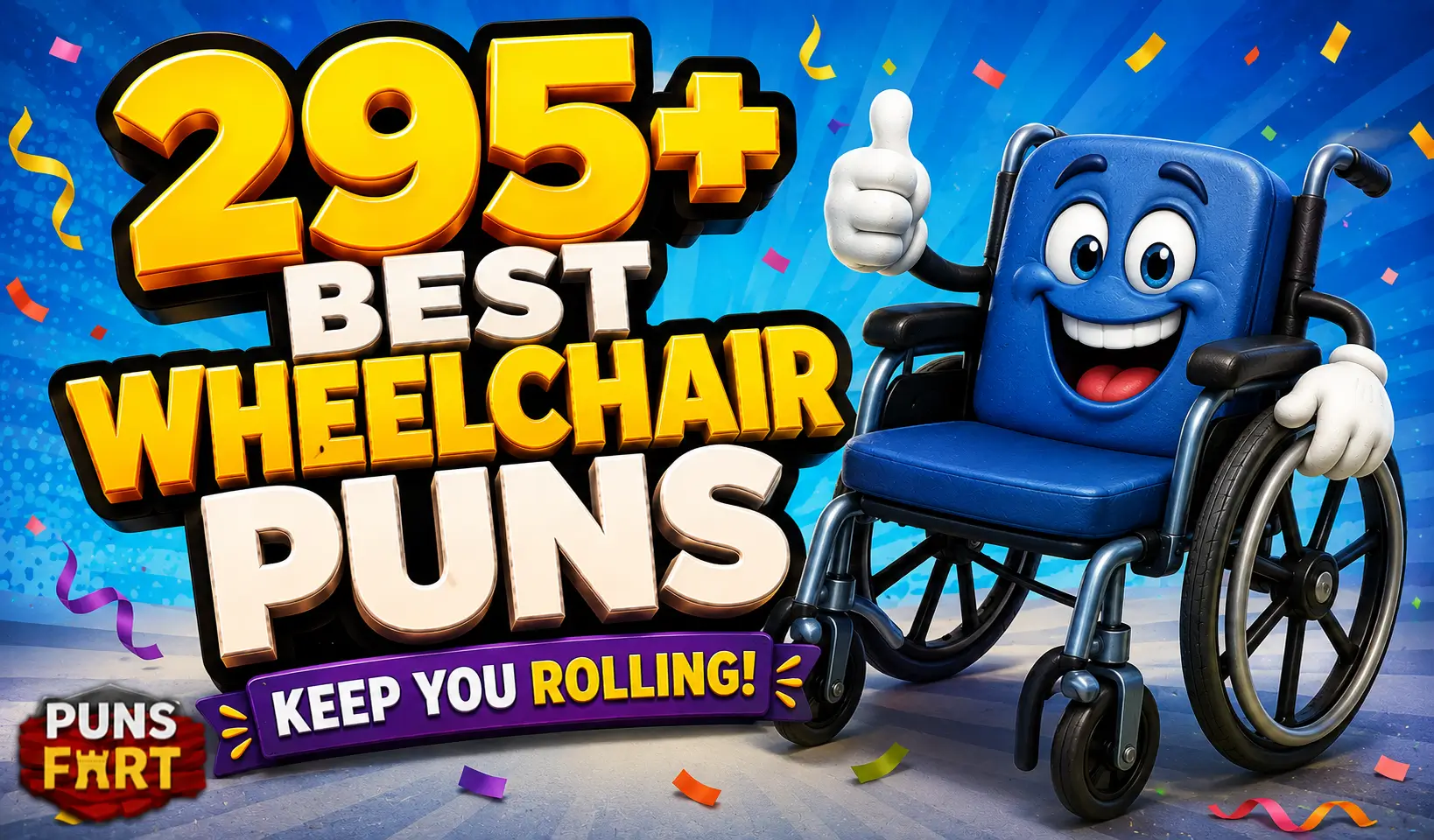 295+ wheelchair puns with a cheerful wheelchair mascot and bold 3D typography