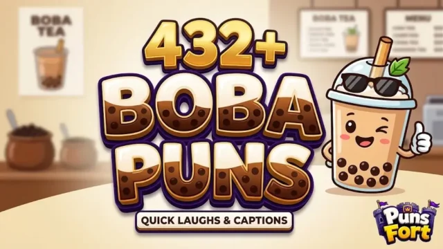 3D typography boba puns thumbnail for Puns Fort article with cute boba drink mascot.