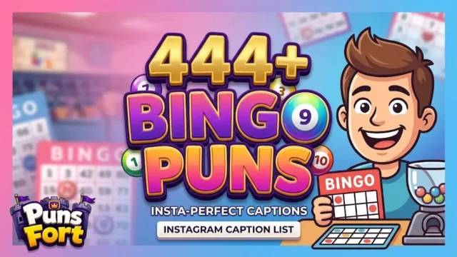 3D typography BINGO PUNS thumbnail with smiling cartoon player and Puns Fort branding on colorful background.