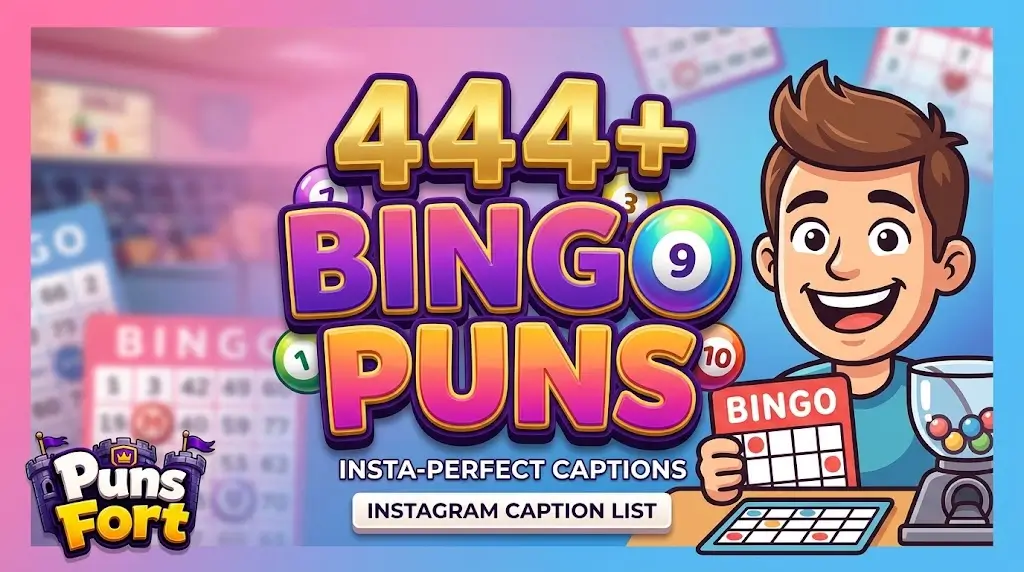 3D typography BINGO PUNS thumbnail with smiling cartoon player and Puns Fort branding on colorful background.