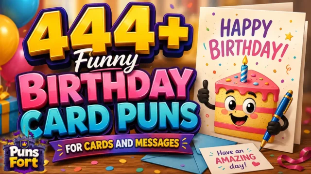 Birthday card puns thumbnail with a colorful birthday cake and cheerful party design