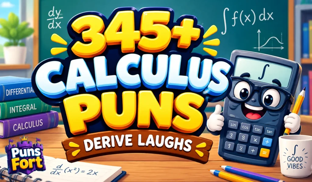 345+ calculus puns thumbnail with a fun calculator mascot and colorful math classroom