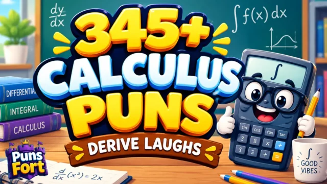 345+ calculus puns thumbnail with a fun calculator mascot and colorful math classroom