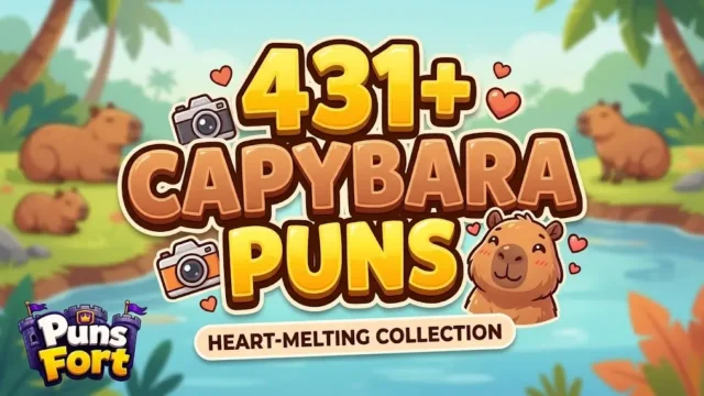 Cute 3D Capybara Puns thumbnail with cartoon capybara mascot and Puns Fort branding.
