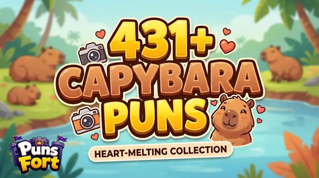 Cute 3D Capybara Puns thumbnail with cartoon capybara mascot and Puns Fort branding.