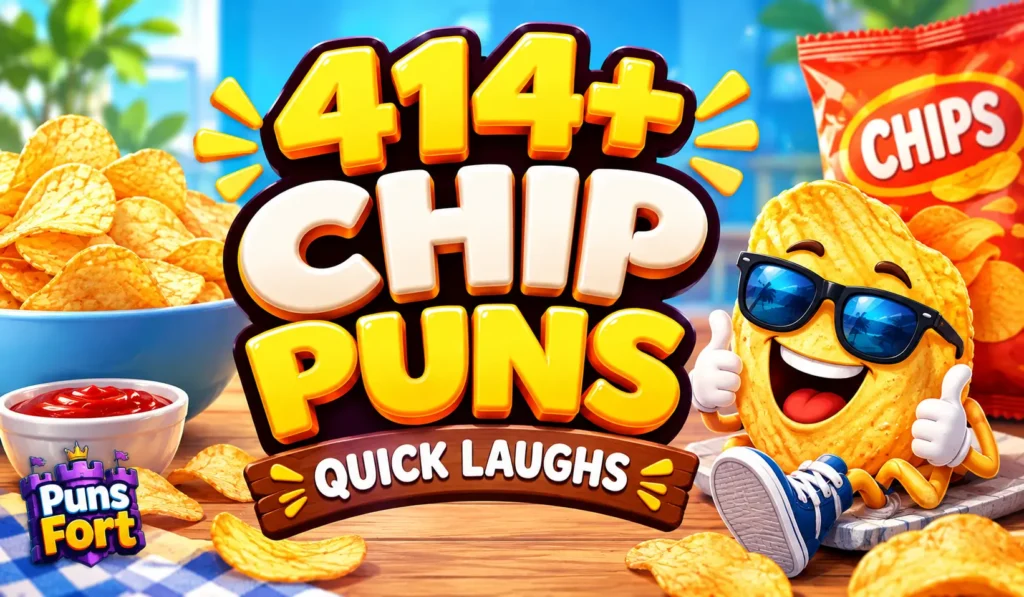 414+ chip puns with a cheerful cartoon potato chip mascot and colorful snack-themed background