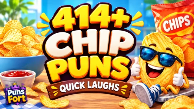 414+ chip puns with a cheerful cartoon potato chip mascot and colorful snack-themed background