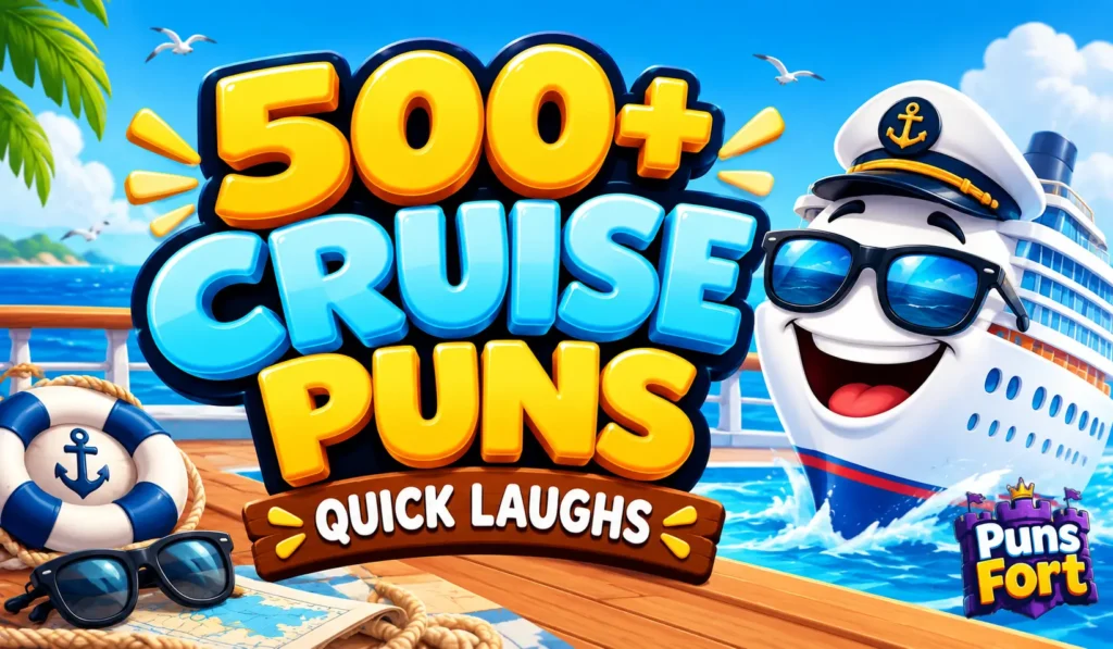 500+ cruise puns with a colorful cartoon cruise ship on a sunny ocean voyage