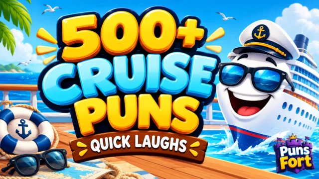 500+ cruise puns with a colorful cartoon cruise ship on a sunny ocean voyage