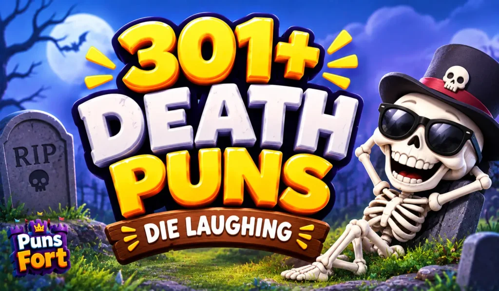 301+ death puns thumbnail with a funny skeleton in a spooky cemetery