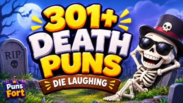 301+ death puns thumbnail with a funny skeleton in a spooky cemetery