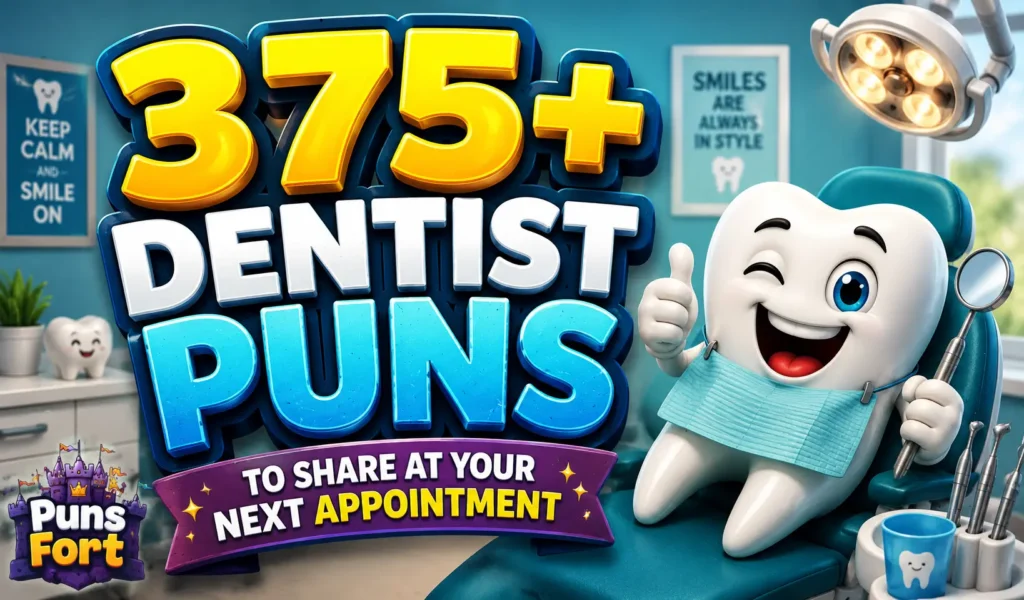 375+ dentist puns thumbnail with a cheerful cartoon tooth in a dental office