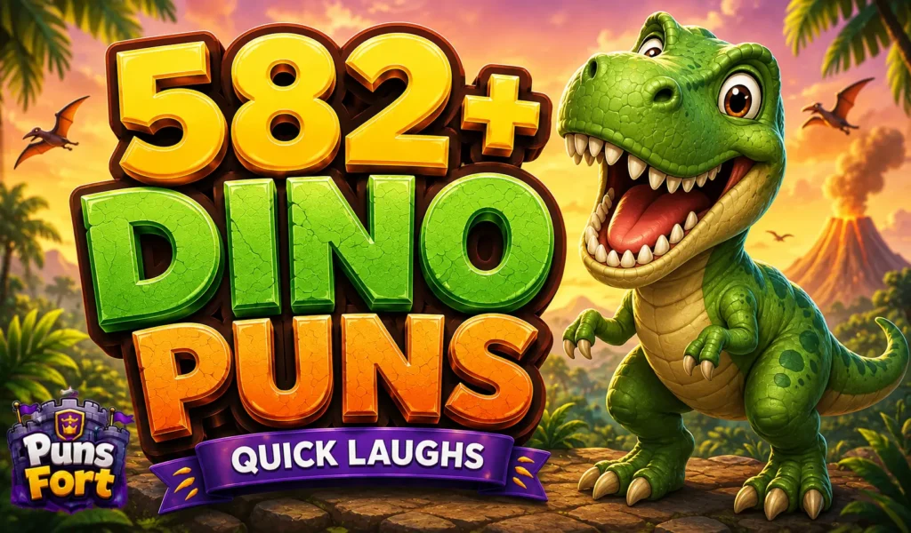 582+ dino puns with a playful cartoon dinosaur and bold 3D dino puns text