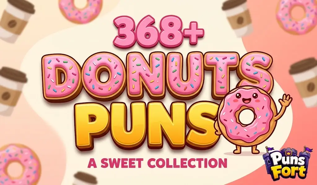 A colorful thumbnail with 3D pink 'DONUTS PUNS' text, a smiling donut character, and scattered coffee cups.