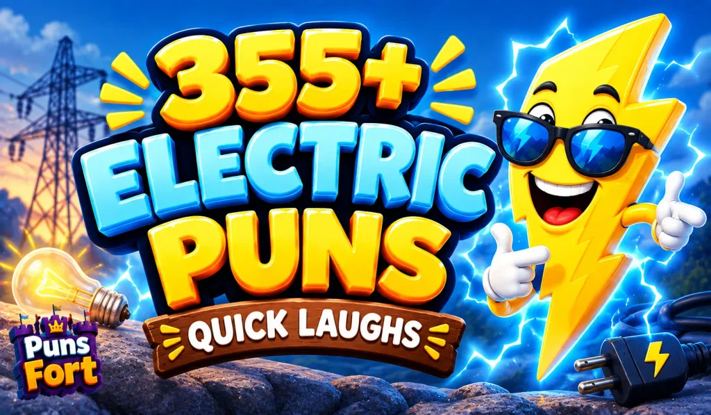 355+ electric puns thumbnail with a fun lightning bolt mascot and glowing power theme