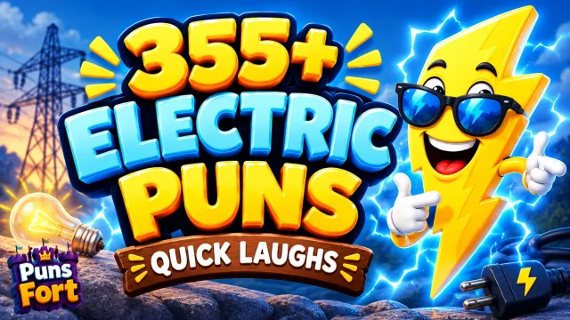 355+ electric puns thumbnail with a fun lightning bolt mascot and glowing power theme