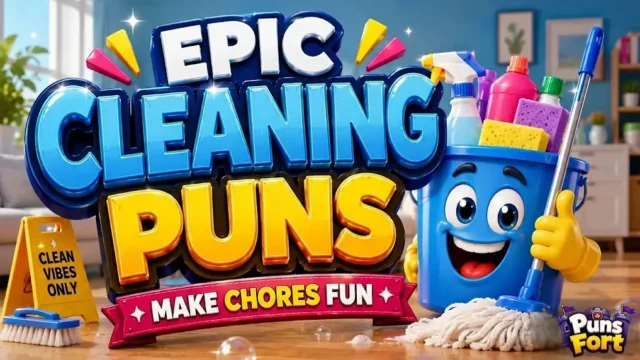 A cartoonish 3D illustration featuring a cheerful animated blue bucket filled with cleaning supplies like spray bottles and sponges next to giant lettering that reads Epic Cleaning Puns and a red banner below it that says Make Chores Fun.