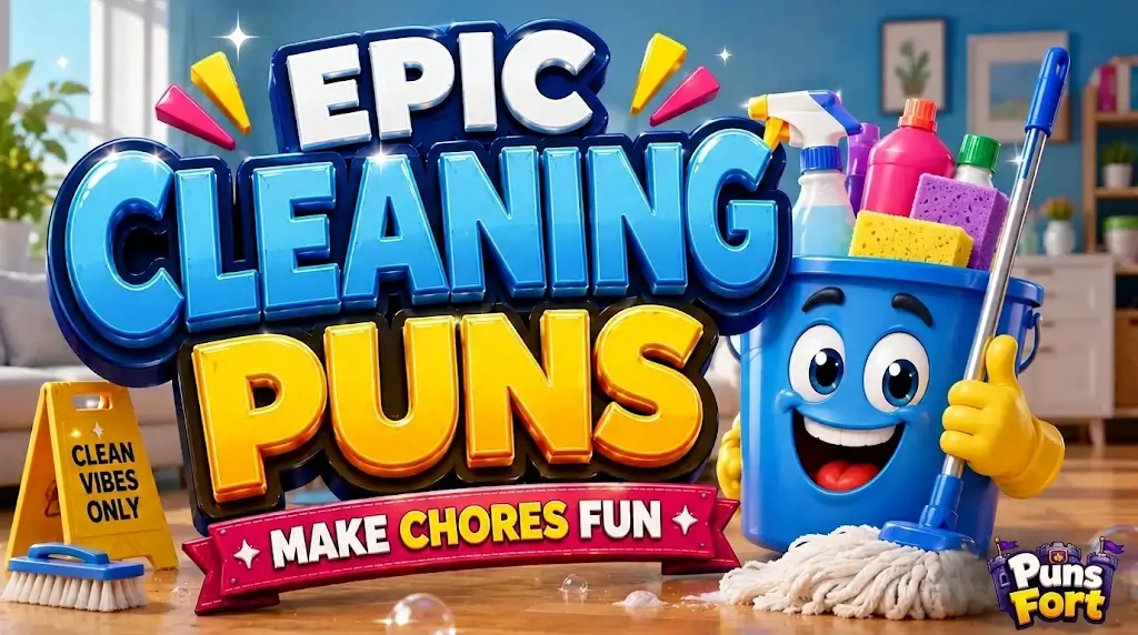 A cartoonish 3D illustration featuring a cheerful animated blue bucket filled with cleaning supplies like spray bottles and sponges next to giant lettering that reads Epic Cleaning Puns and a red banner below it that says Make Chores Fun.