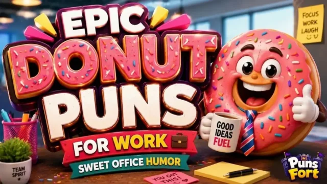 A smiling 3D cartoon donut with pink icing wearing a tie and holding a Good Ideas Fuel coffee mug, standing next to large text that reads Epic Donut Puns For Work.