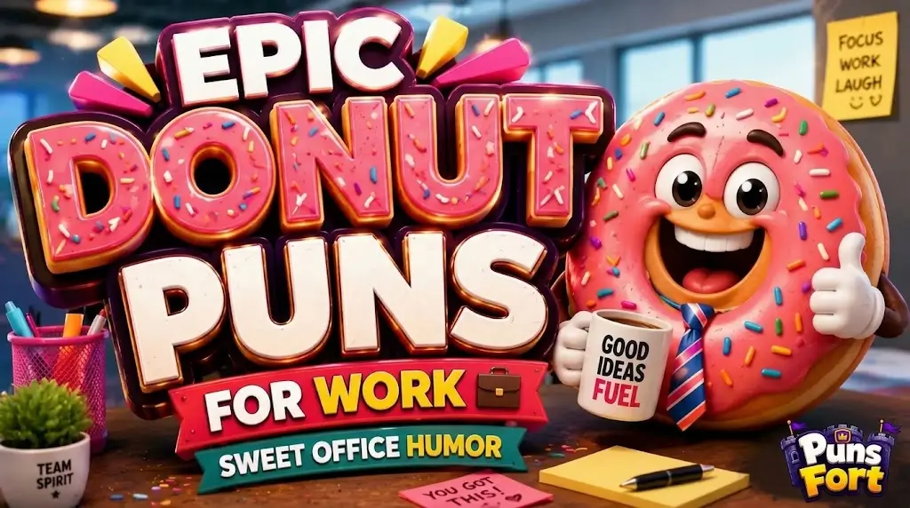 A smiling 3D cartoon donut with pink icing wearing a tie and holding a Good Ideas Fuel coffee mug, standing next to large text that reads Epic Donut Puns For Work.