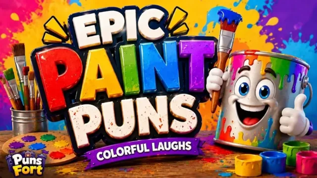 A vibrant 3D cartoon illustration of an animated silver paint can covered in colorful splatters, holding a paintbrush and giving a thumbs-up, next to large 3D lettering that reads Epic Paint Puns with a purple banner below it saying Colorful Laughs.