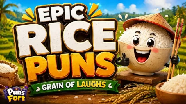 A smiling cartoon bowl of rice wearing a traditional conical hat and holding chopsticks next to large 3D text that reads Epic Rice Puns and a green banner saying Grain of Laughs.