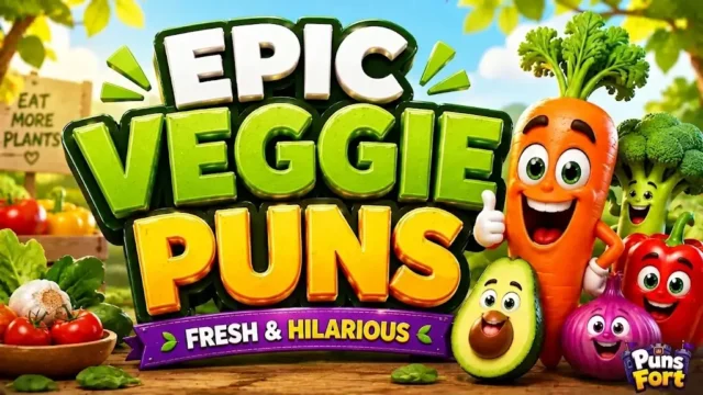 A vibrant 3D cartoon illustration of happy, animated vegetables like a carrot, avocado, onion, bell pepper, and broccoli next to large text that reads Epic Veggie Puns and a purple banner below it that says Fresh & Hilarious.