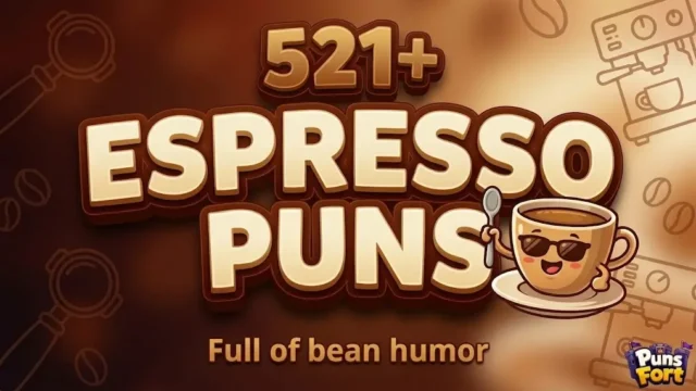 A vibrant thumbnail with bold 3D 'ESPRESSO PUNS' text and a cartoon espresso cup character, part of a funny collection.