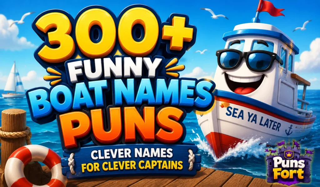 300+ funny boat names puns with a cheerful cartoon boat on a bright ocean background
