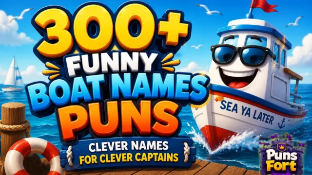 300+ funny boat names puns with a cheerful cartoon boat on a bright ocean background