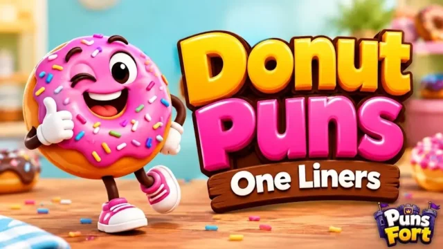 A vibrant graphic design poster for "DONUT PUNS" and "ONE LINERS", featuring a cheerful winking anthropomorphic pink-frosted donut character with a thumb up and pink sneakers, next to large layered yellow and pink 3D text. Below is text on a dark wooden plank, and a background of blurred donuts and sprinkles with a small watermark "PUNS FORT" in the corner.