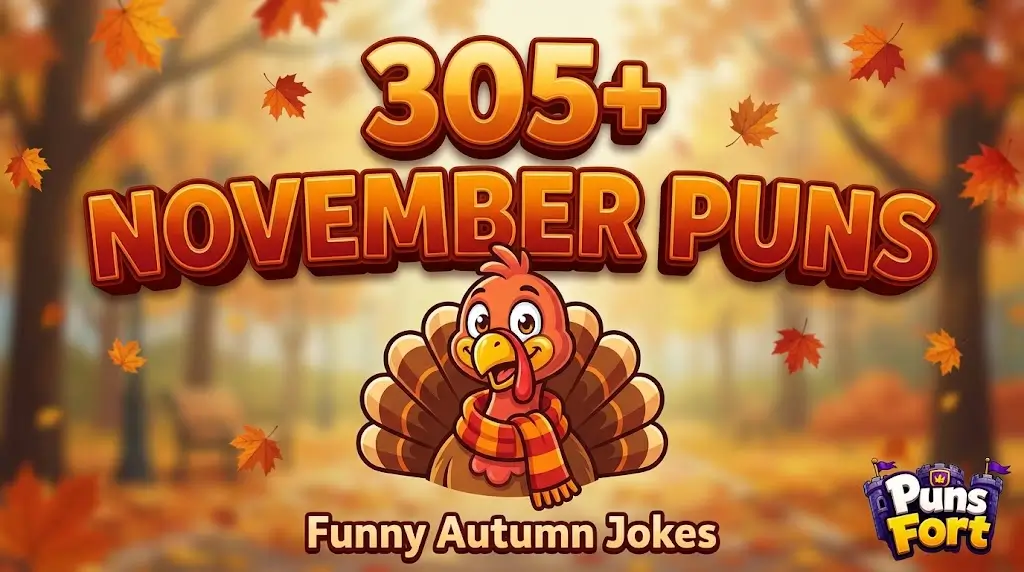 Large 3D text reading 305+ NOVEMBER PUNS with a cartoon turkey mascot on an autumn background for Puns Fort.