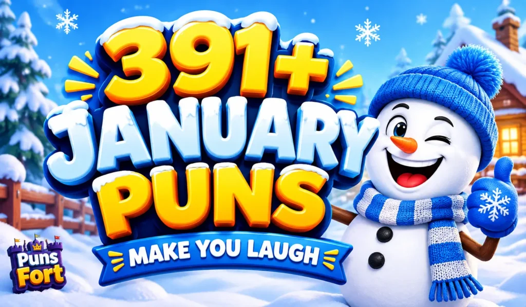 January puns thumbnail featuring 391+ winter jokes and a cheerful cartoon snowman