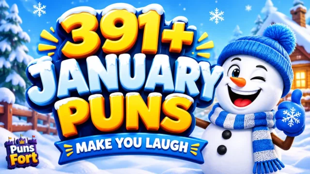 January puns thumbnail featuring 391+ winter jokes and a cheerful cartoon snowman