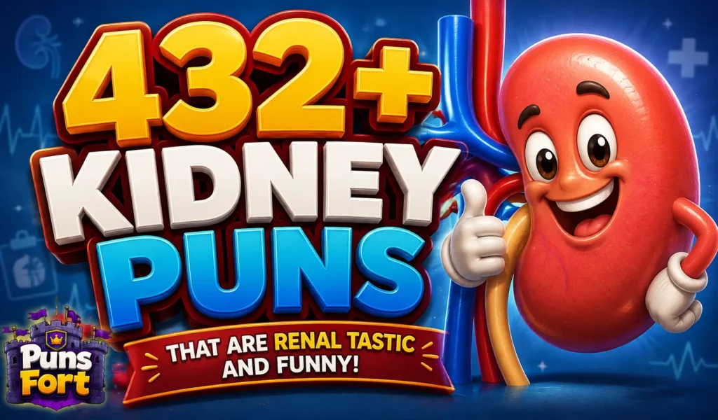 432+ kidney puns thumbnail with a funny cartoon kidney and bold 3D text