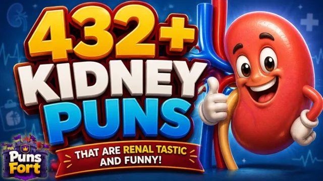 432+ kidney puns thumbnail with a funny cartoon kidney and bold 3D text