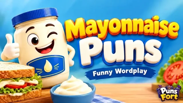 A charming 3D cartoon style illustration for a blog header featuring a winking, thumbs-up giving mayonnaise jar character next to large text reading "Mayonnaise Puns" and "Funny Wordplay" on a wooden table. In the bottom-right corner is a small "Puns Fort" castle logo watermark.