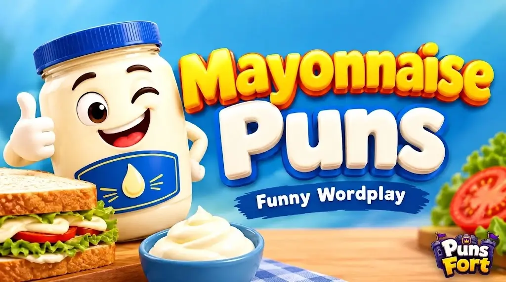 A charming 3D cartoon style illustration for a blog header featuring a winking, thumbs-up giving mayonnaise jar character next to large text reading "Mayonnaise Puns" and "Funny Wordplay" on a wooden table. In the bottom-right corner is a small "Puns Fort" castle logo watermark.