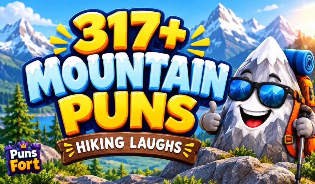 Mountain puns thumbnail featuring 317+ funny hiking jokes and a cheerful cartoon mountain