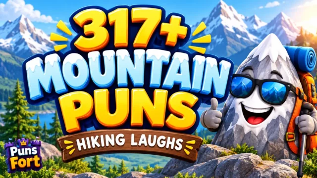 Mountain puns thumbnail featuring 317+ funny hiking jokes and a cheerful cartoon mountain