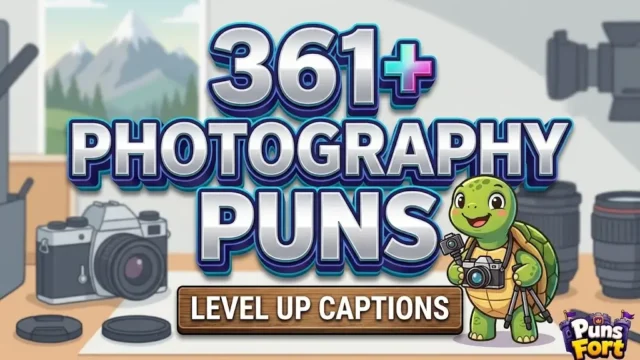 rge 3D photography puns thumbnail with cartoon turtle mascot and Puns Fort branding.