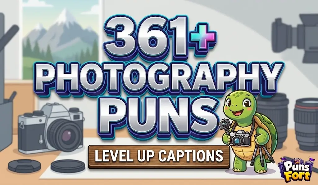 rge 3D photography puns thumbnail with cartoon turtle mascot and Puns Fort branding.