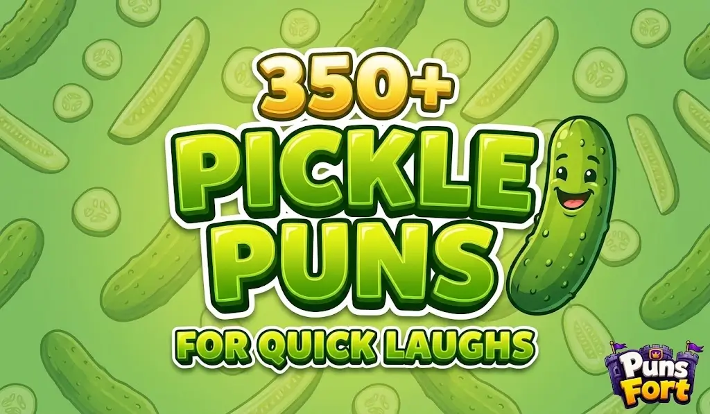 A vibrant thumbnail with bold 3D text "PICKLE PUNS" and a cartoon pickle, including the focus keyword pickle puns one liners.