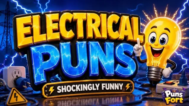 3D illustration of a smiling lightbulb character pointing to the text 'ELECTRICAL PUNS' under a dark stormy sky with power lines. The small Puns Fort logo is in the bottom right corner.
